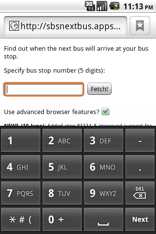 Nextbus on Android Froyo browser