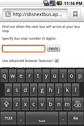 Nextbus on Android Eclair browser
